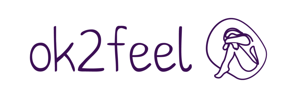OK2Feel logo: a cozy figure curled up, embracing emotional healing and self-reflection.