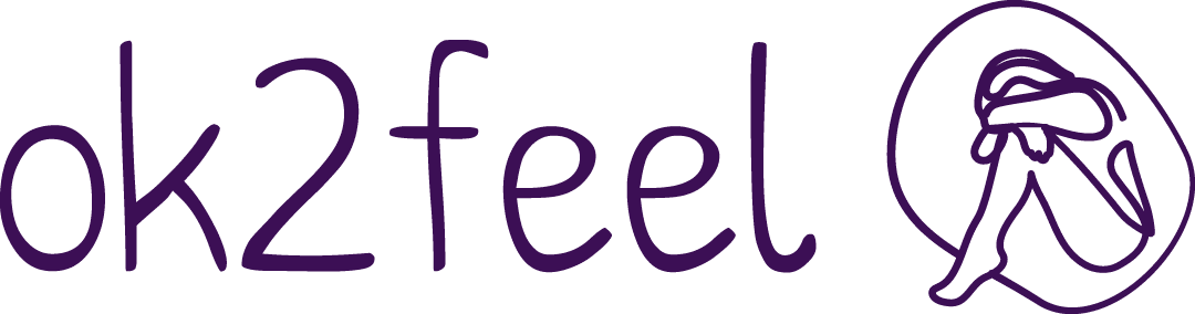 OK2Feel logo: hand-drawn text with a figure, embracing emotions like a comforting hug for self-awareness and creative healing.