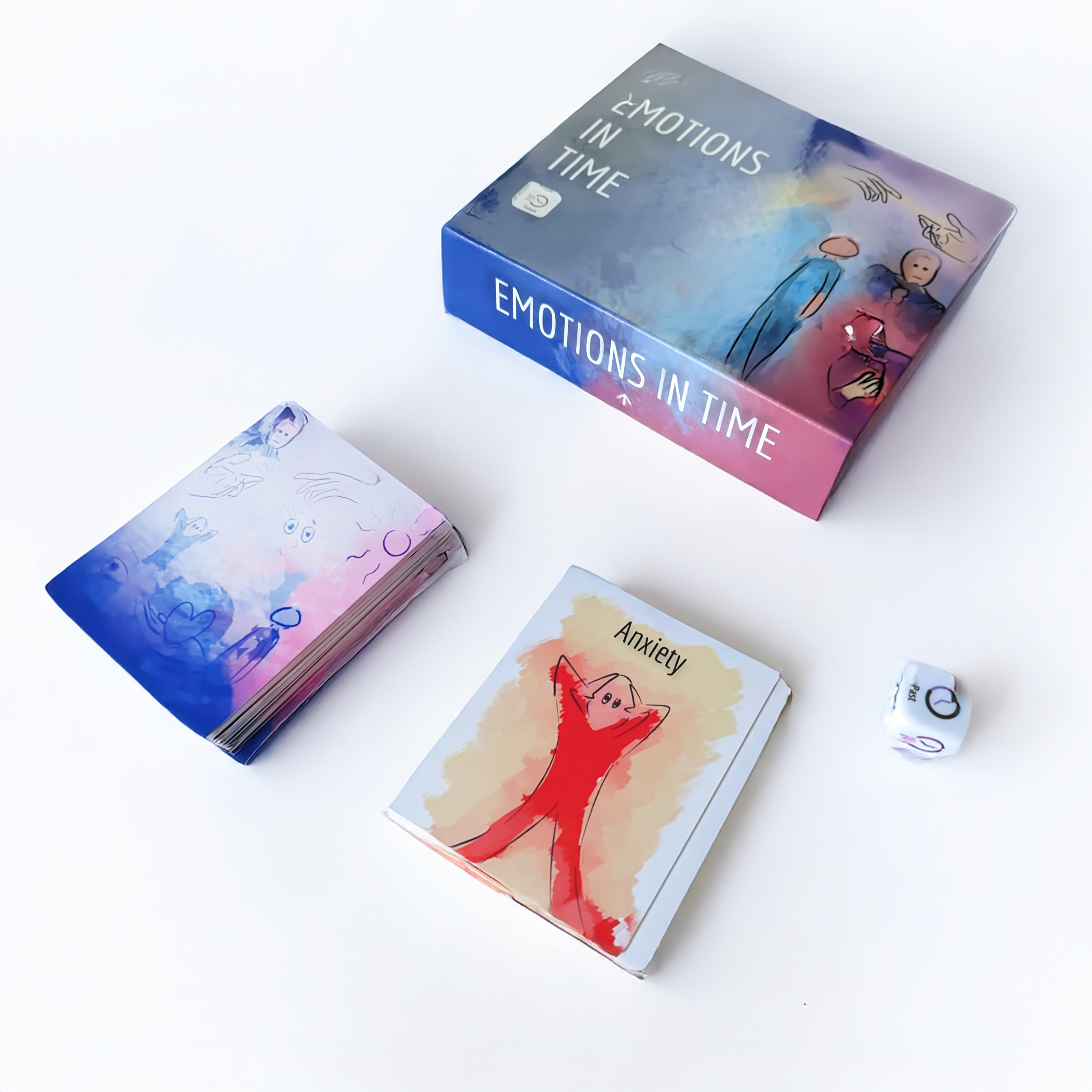 Illustrated therapy card deck Emotions in Time with an Anxiety card on top. Tools for emotional exploration.
