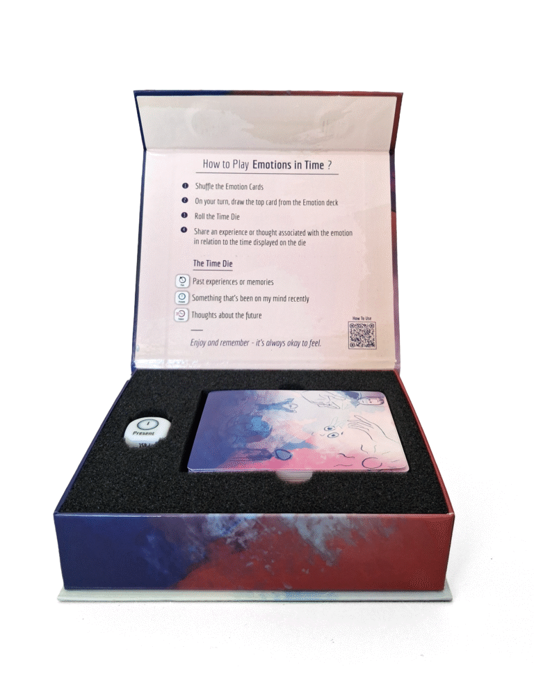 Open box of illustrated therapy cards with instructions. Explore self-reflection, emotions, and creative healing with OK2Feel.