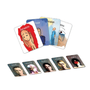 Illustrated therapy cards showing emotions like overwhelm and connection; tools for creative healing and self-reflection.
