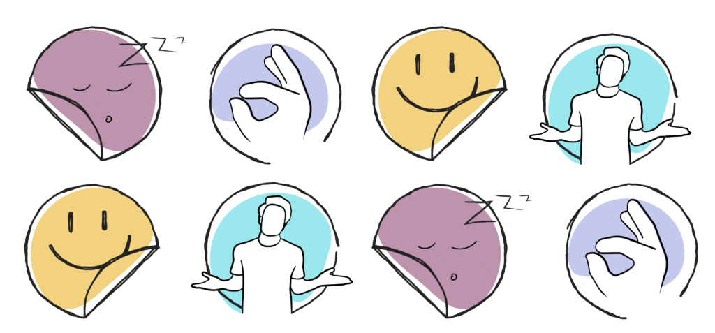 Whimsical therapy stickers: sleepy face, calming hand sign, carefree smile, and open stance. Embrace emotional support playfully.