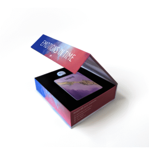 Open box of decorative therapy cards titled Emotions in Time, featuring a Longing card with soothing illustrations.