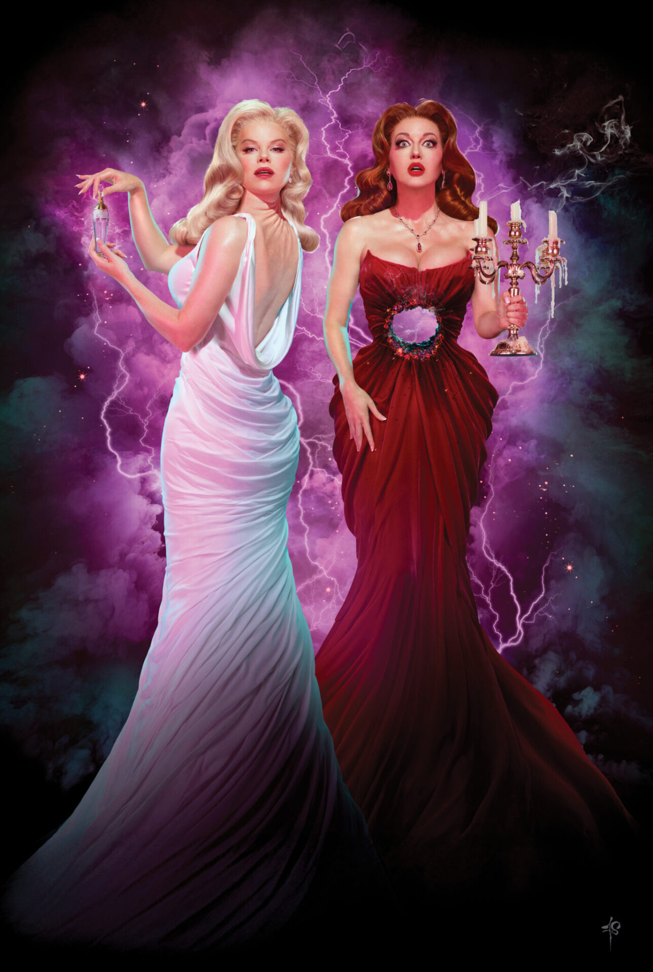 Two women in elegant gowns amidst swirling purple clouds, holding a flask and candlestick. A playful nod to creative healing.