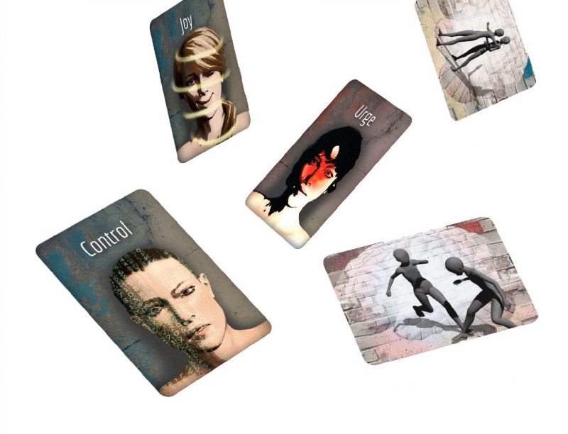 Illustrated therapy cards depicting emotions like joy, control, and urge; perfect for self-reflection and emotional exploration.