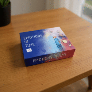 Emotions in Time therapy cards box on a table, inviting you to explore self-reflection and creative healing through play.