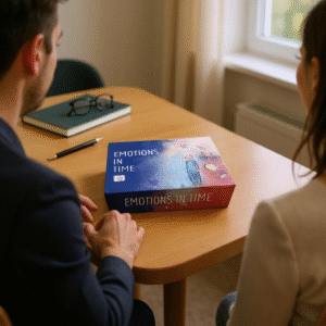 Two people sit at a table with Emotions in Time therapy cards, ready for a journey in self-reflection and creative healing.