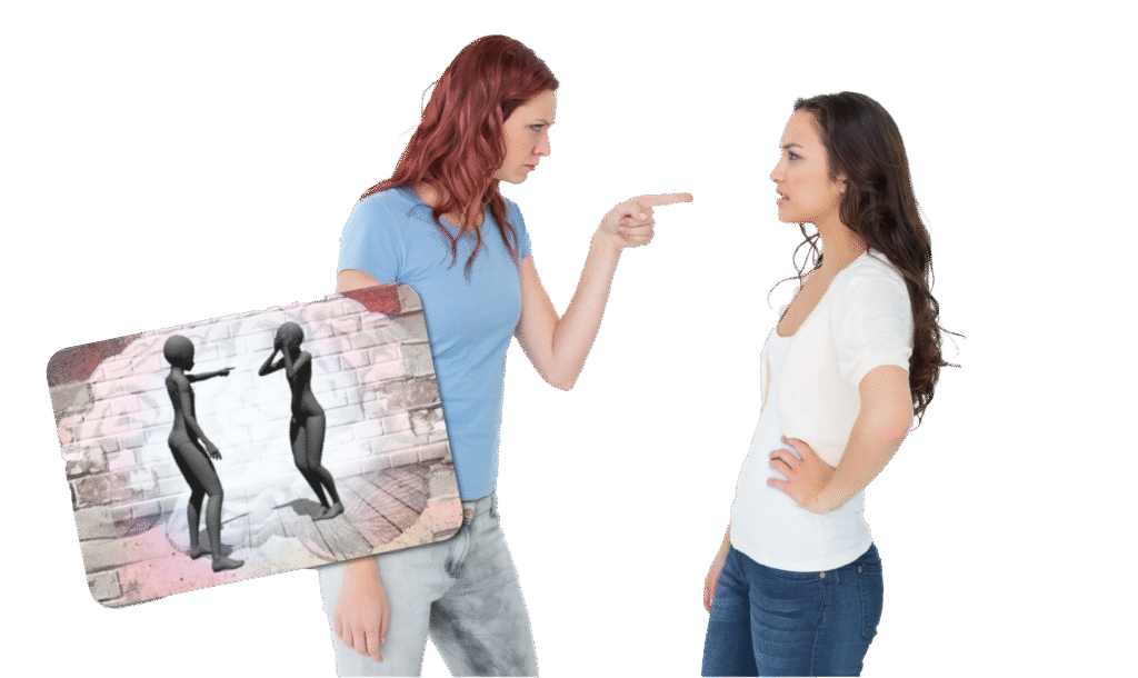 Two women confront each other, reflecting on an illustrated card depicting finger-pointing. Explore self-awareness and emotional healing.