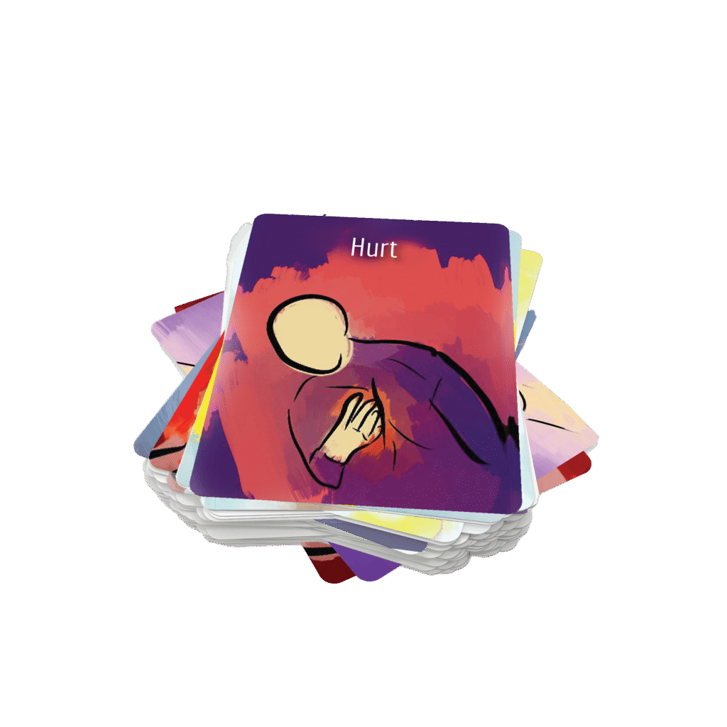 Illustrated therapy card labeled Hurt, depicting emotional pain. A tool for gentle self-reflection and creative healing.