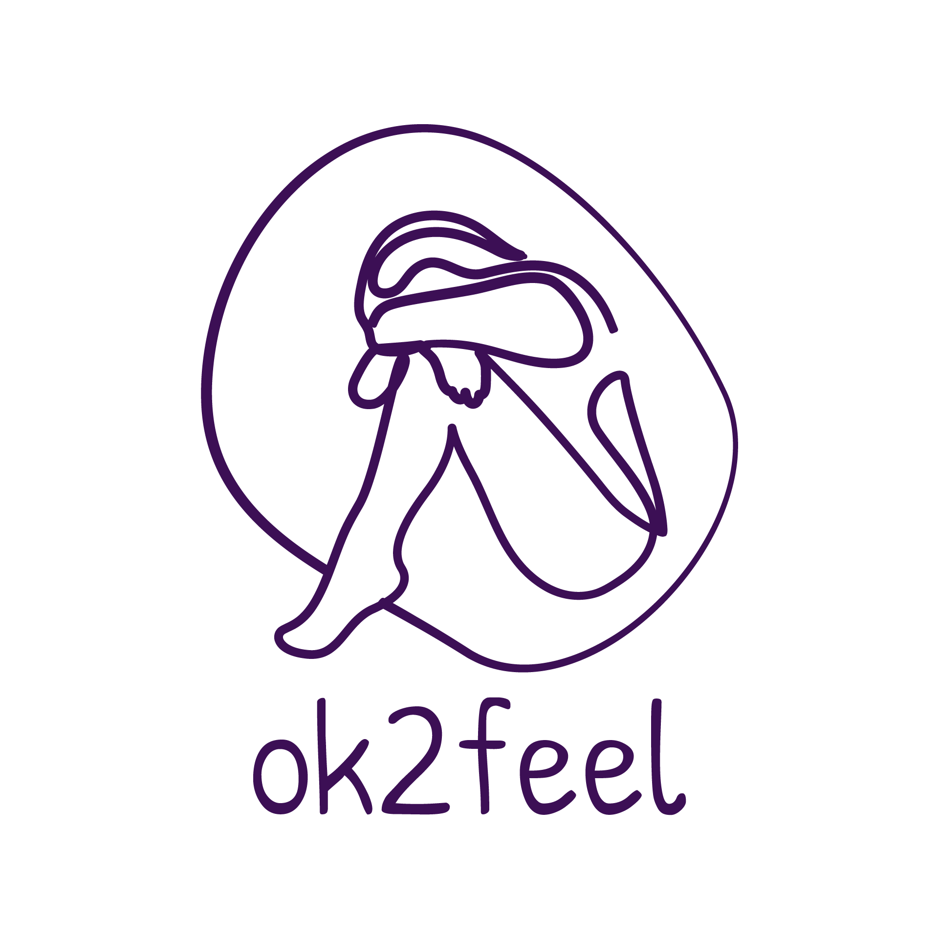 A cozy figure hugging their knees in a purple line drawing, embodying self-reflection and emotional warmth. Text reads ok2feel.