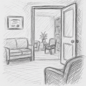 Cozy therapy room sketch; open door, comfy chairs, and peaceful vibes for self-reflection and emotional support.