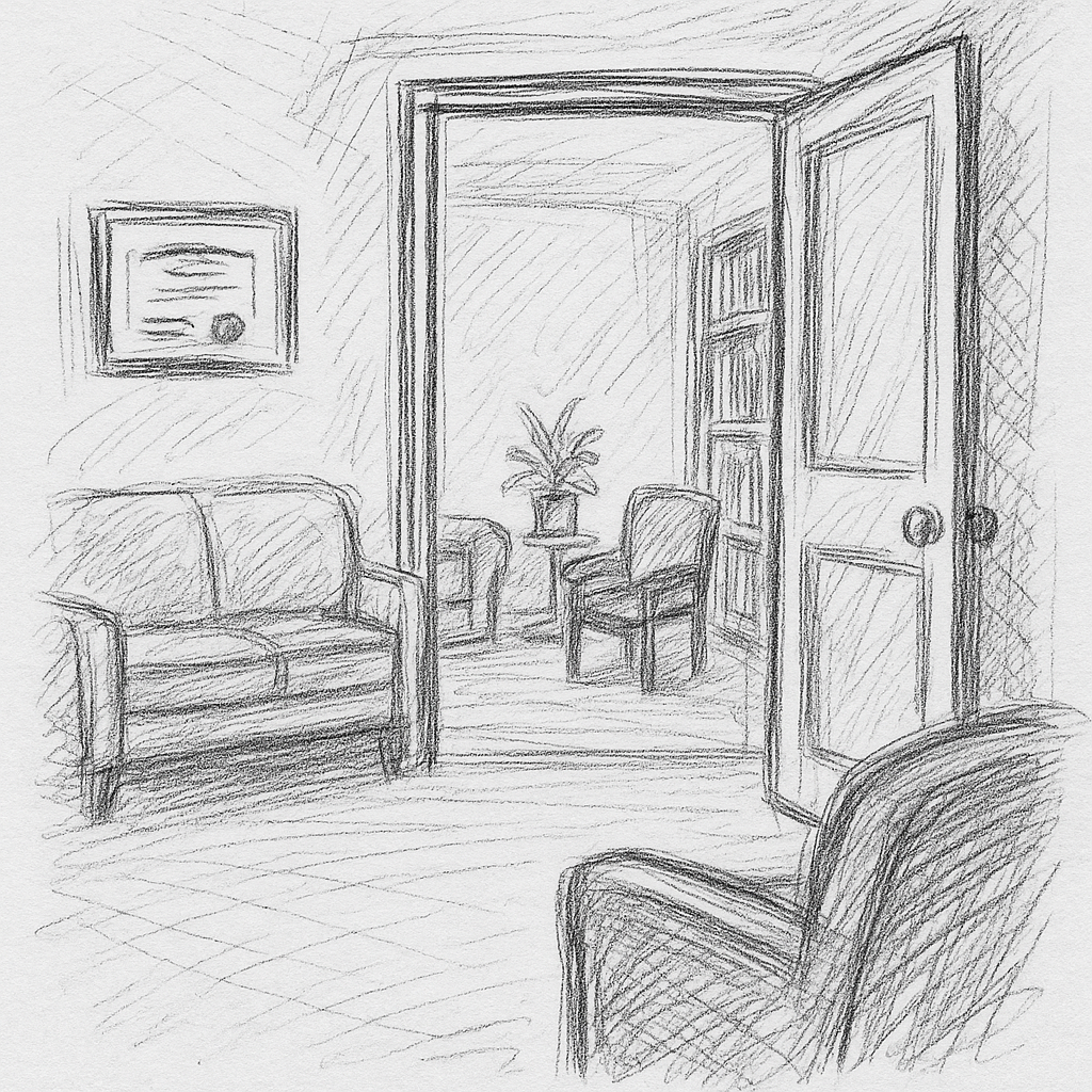 Cozy therapy room sketch; open door, comfy chairs, and peaceful vibes for self-reflection and emotional support.