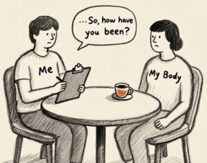 Illustration of 'Me' asking 'My Body' about its well-being. A warm dialogue over coffee, embracing self-awareness and healing.