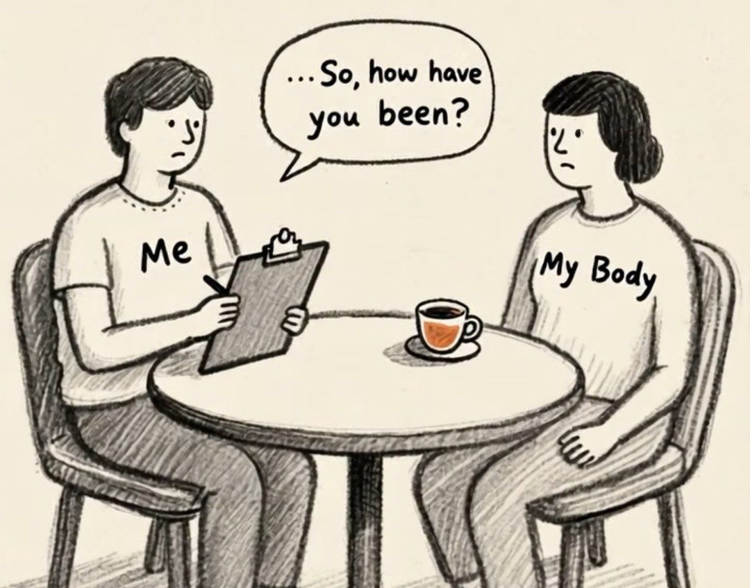 Illustration of 'Me' asking 'My Body' about its well-being. A warm dialogue over coffee, embracing self-awareness and healing.