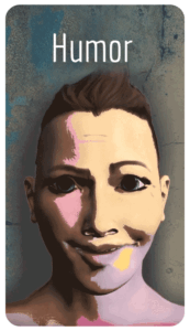 Therapy card with a smiling face, titled Humor, hints at laughter as a healing tool for self-awareness and emotional balance.