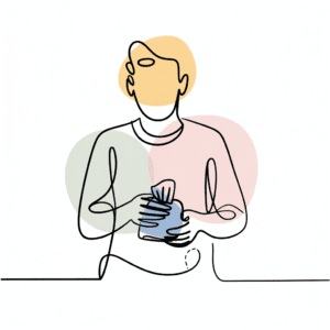 Continuous line art of a person holding therapy cards, surrounded by soft pastel shapes. Reflects self-awareness and healing.