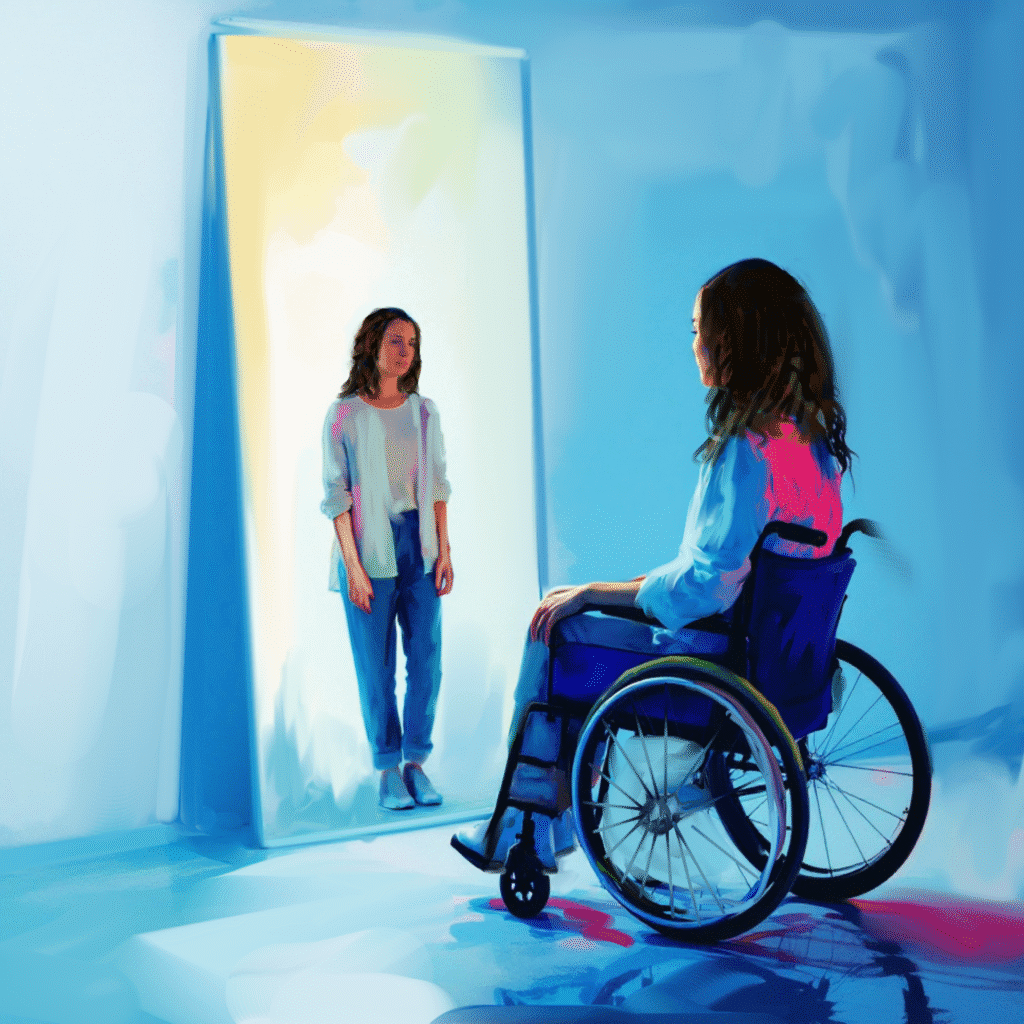 Person in wheelchair gazes at their reflection standing, embracing self-awareness and emotional healing in creative therapy.