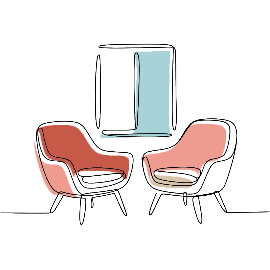 Two cozy chairs invite self-reflection and creative healing in a tranquil, minimalist space.