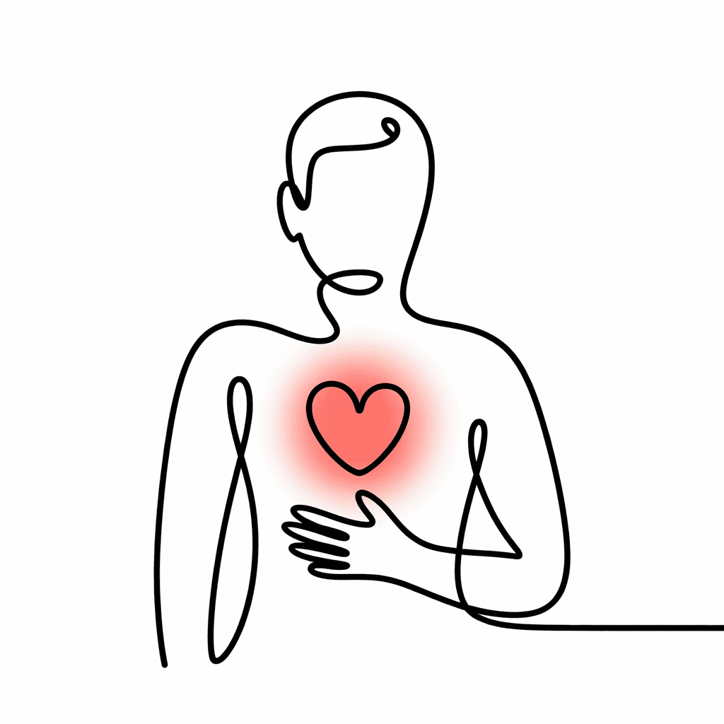 Line art of a person with a heart on their chest, symbolizing self-reflection and emotional healing.