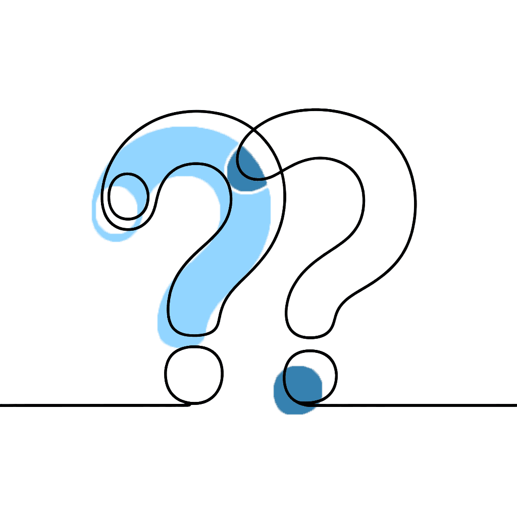 Two intertwined question marks in black outline with blue accents, symbolizing curiosity and self-reflection.