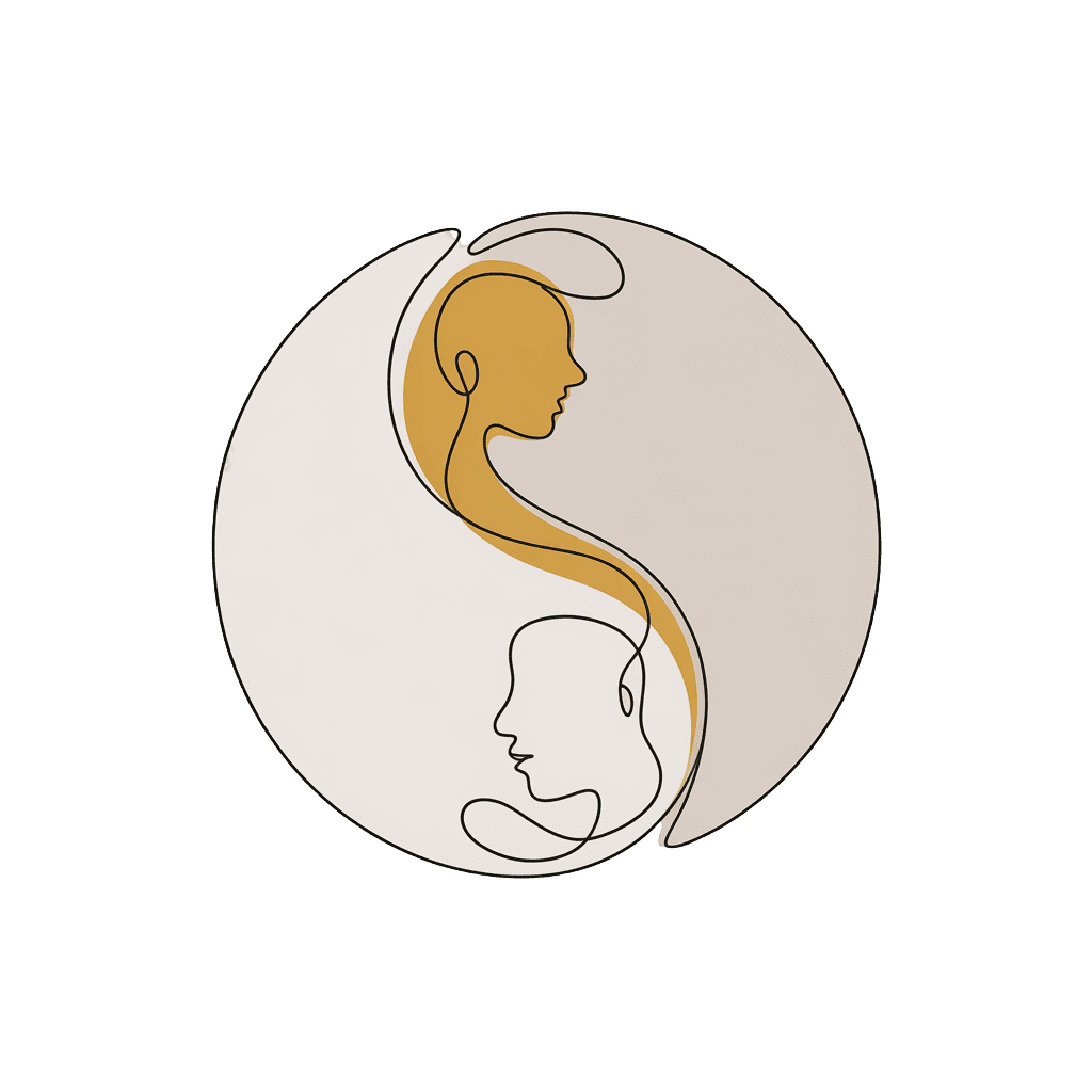 Two intertwined faces, black and gold, symbolizing self-reflection and emotional balance in a yin-yang style.