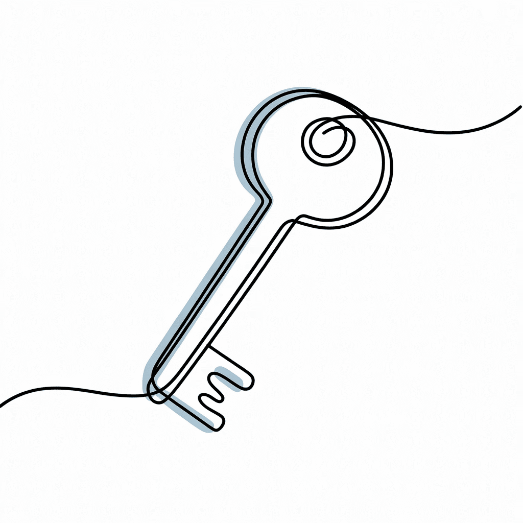 Single-line drawing of a key, symbolizing unlocking self-awareness and emotional healing. A playful journey to inner peace.