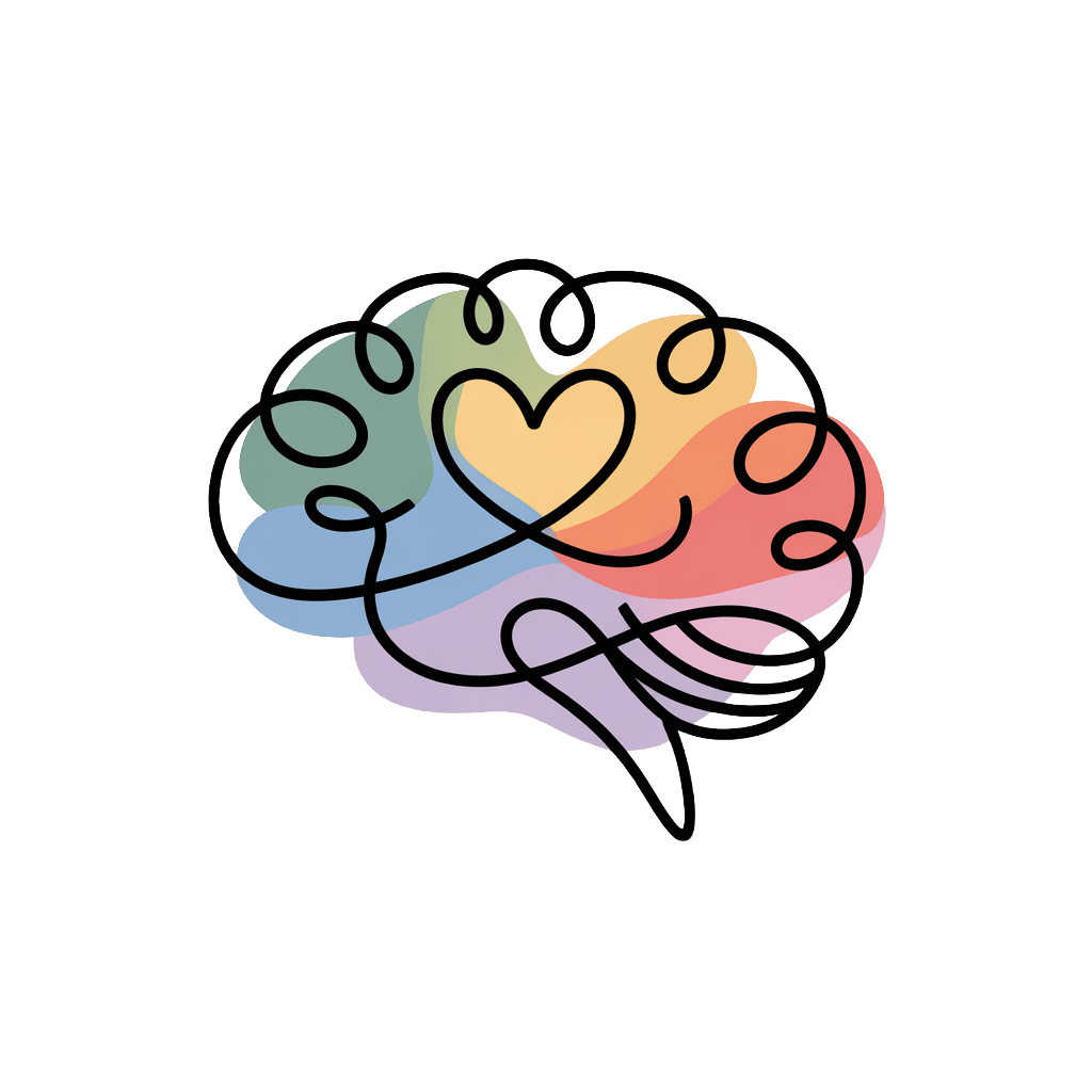 Colorful brain with a heart outlines emotional healing and self-reflection. Embrace your mind's journey with warmth.