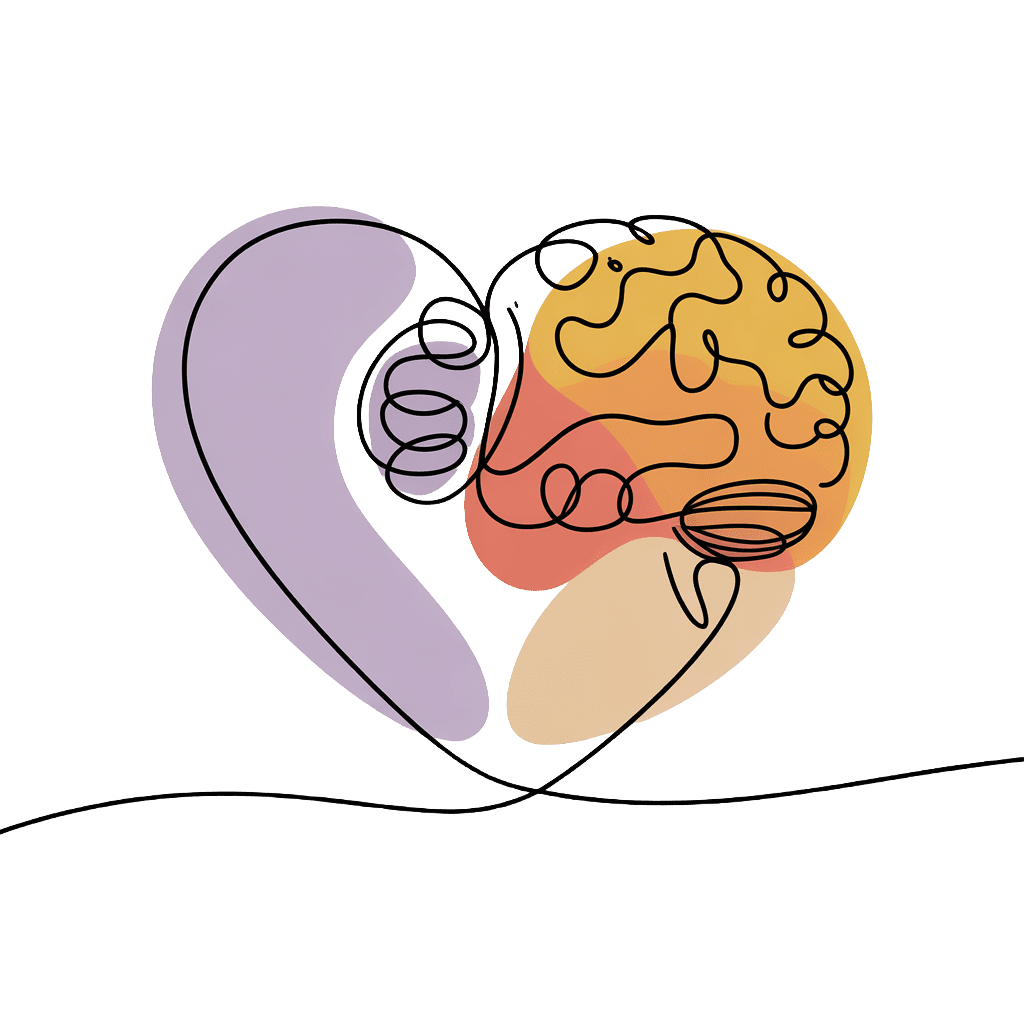 Abstract line drawing of a brain and heart in purple, orange, and red, symbolizing the harmony of emotions and mental wellness.