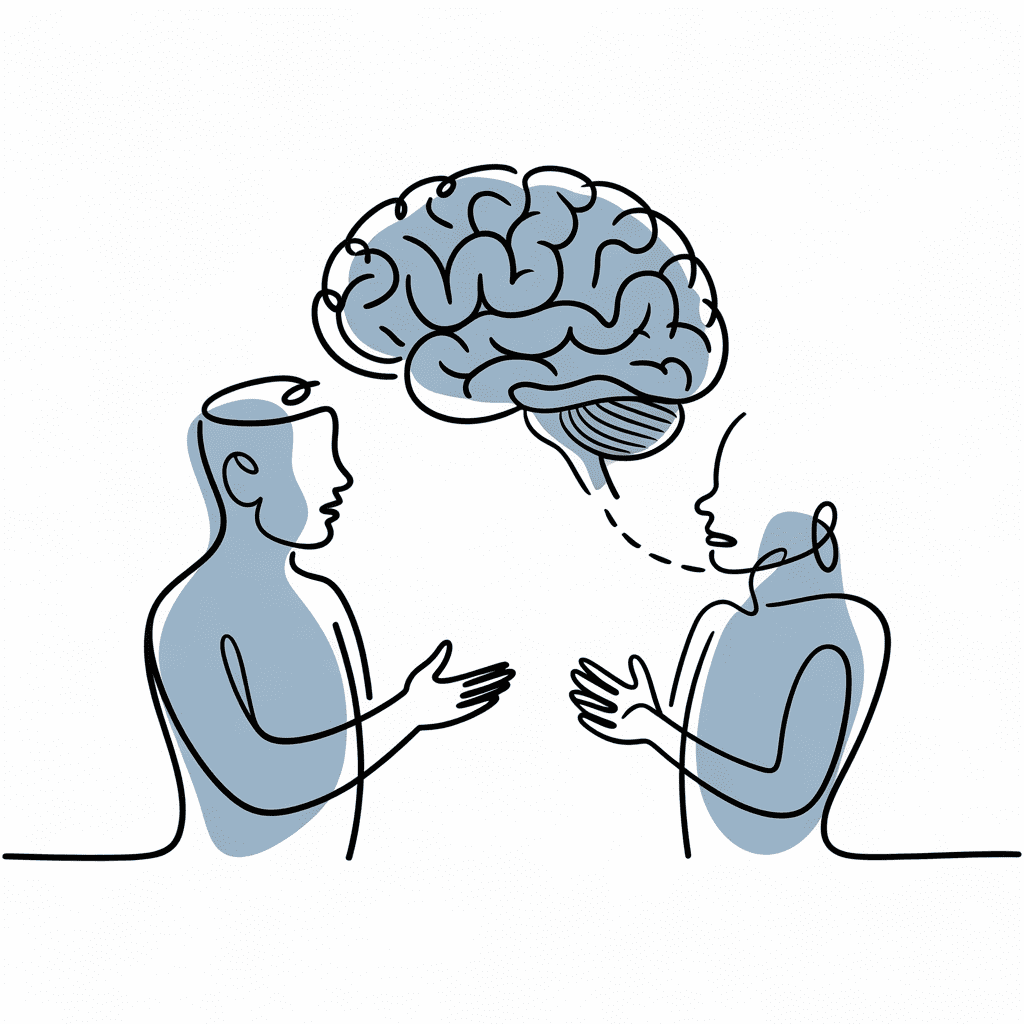 Two people connect through an illustrated brain, sparking dialogue on emotional healing and self-reflection.