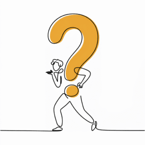 A playful figure contemplates under a large orange question mark, symbolizing self-reflection and creative healing.