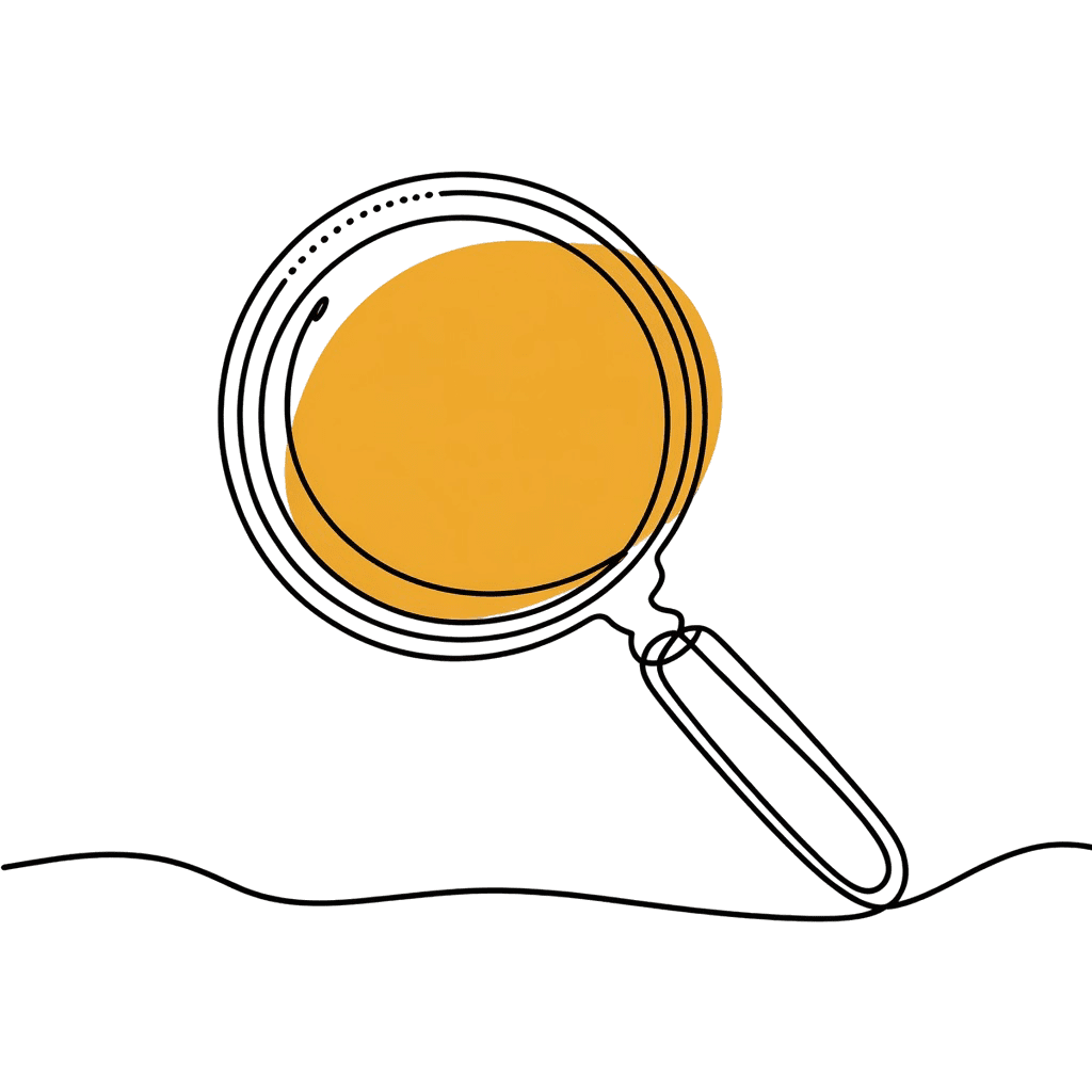 A magnifying glass reveals an orange circle, symbolizing self-reflection and creative healing for your inner journey.