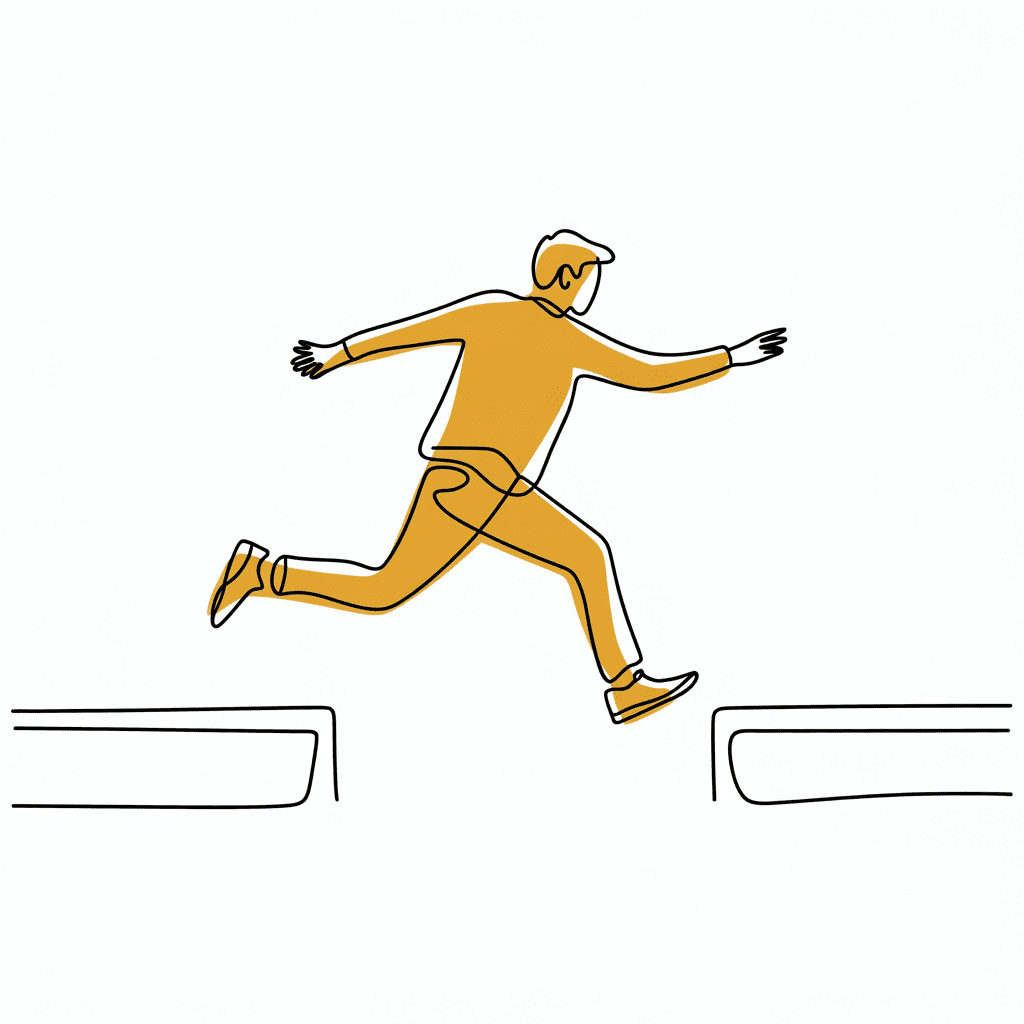 Line drawing of person leaping over a gap, symbolizing emotional growth and therapy's empowering journey.