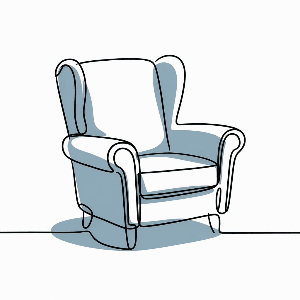 An inviting armchair sketch offers a cozy space for self-reflection and creative healing.