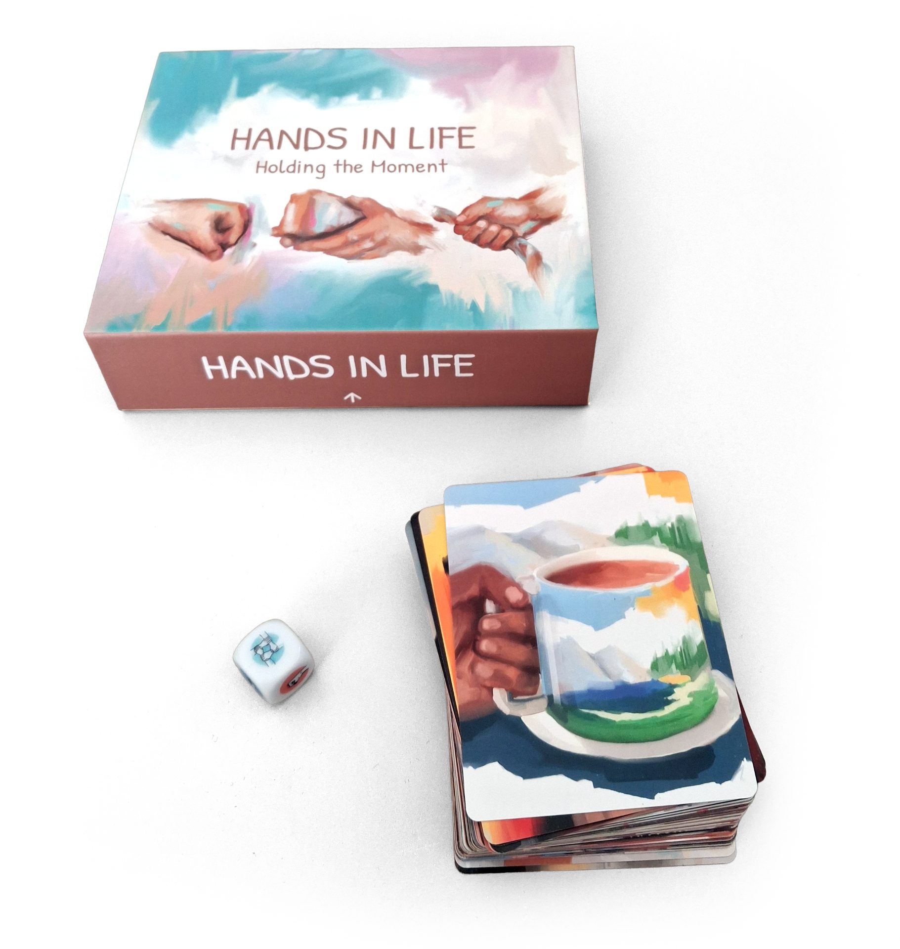 Hands in Life therapy cards and die, featuring comforting mug illustration. Perfect for exploring self-reflection and healing.
