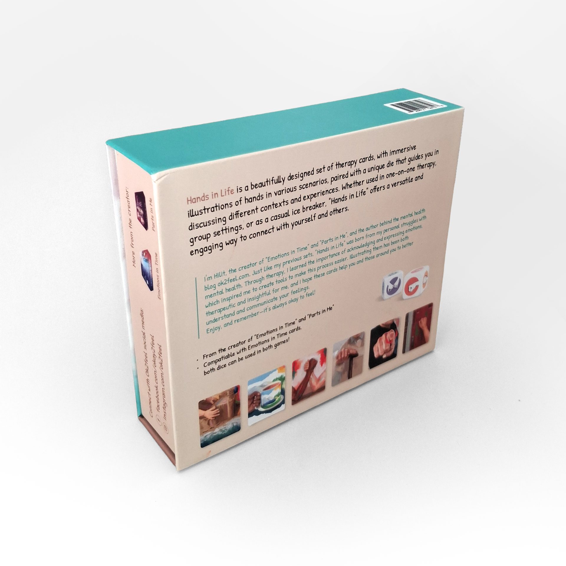 Back of therapy card box, Hands in Life by OK2Feel, showcasing cards for creative healing, self-reflection, and emotional connection.