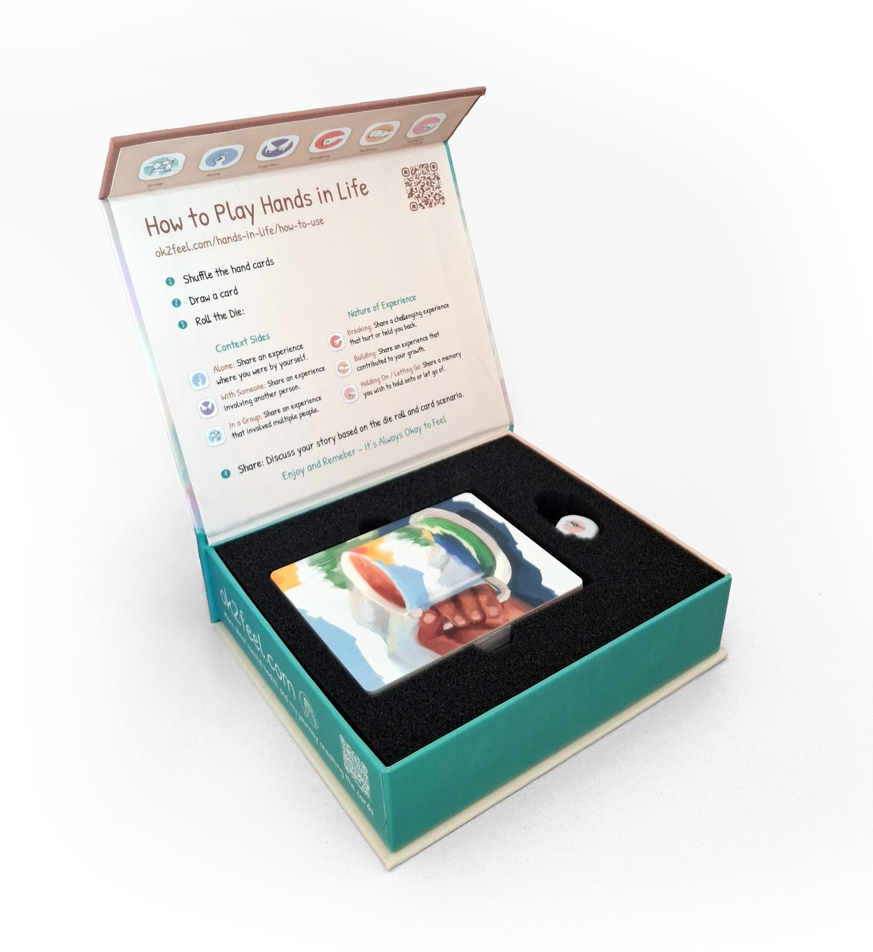 Open box of illustrated therapy cards titled How to Play Hands in Life, inviting playful self-reflection and emotional support.