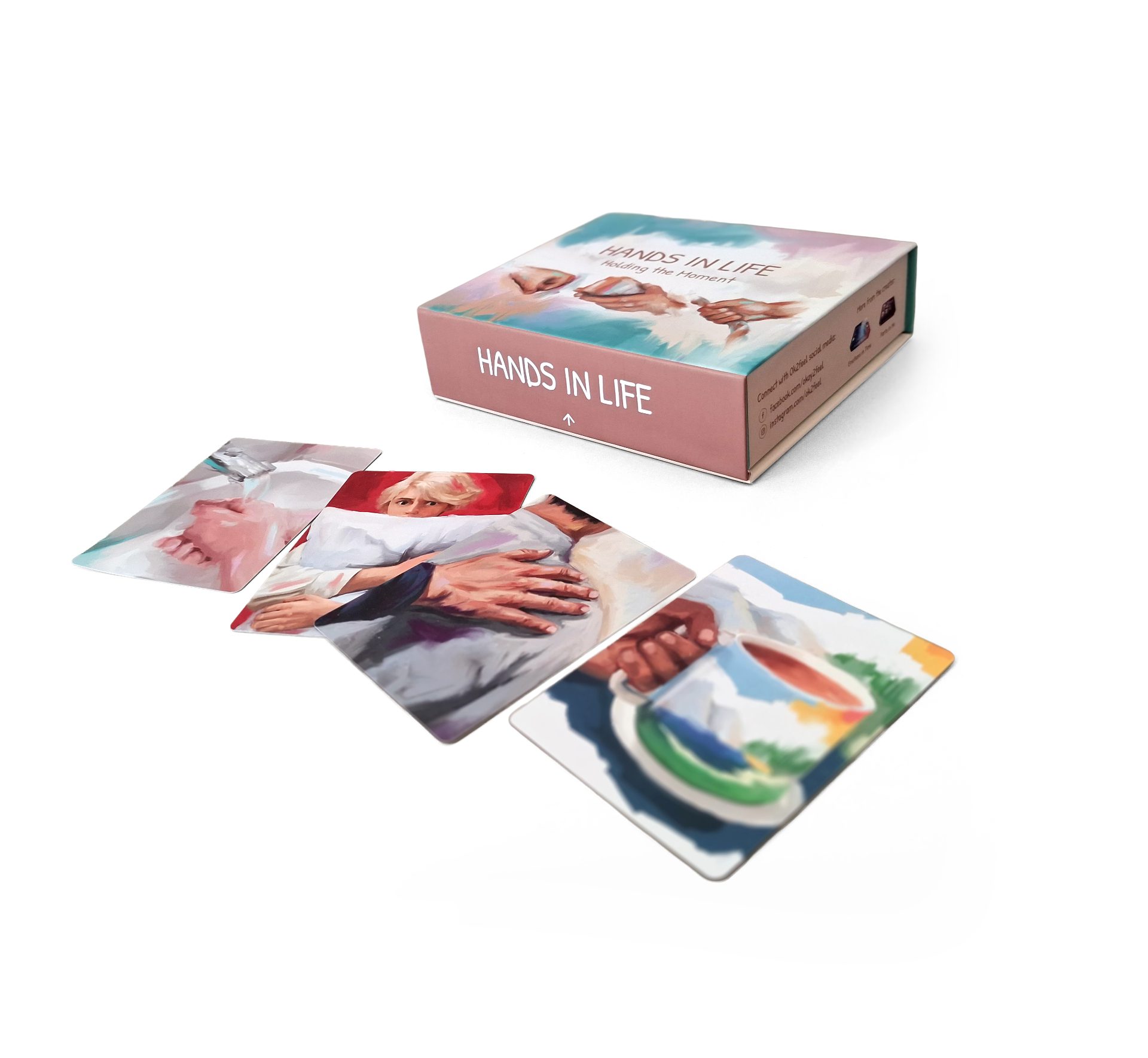 Illustrated therapy cards with warm art depicting hands offering emotional support and creative healing in a calming scene.