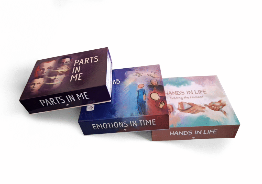 Explore creative therapy decks—Parts in Me, Emotions in Time, Hands in Life—for self-reflection and emotional support.
