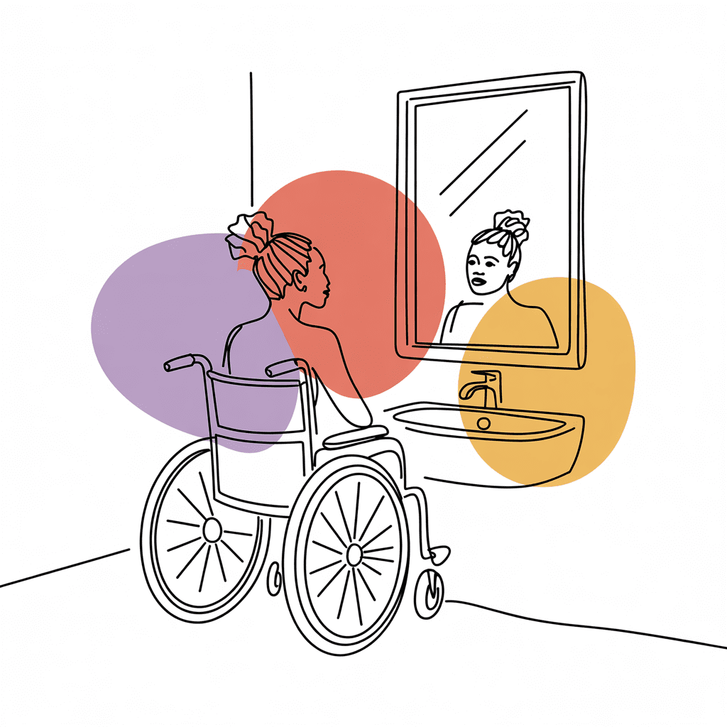 A woman in a wheelchair gazes at her reflection, surrounded by colored shapes, embracing self-reflection and inner strength.