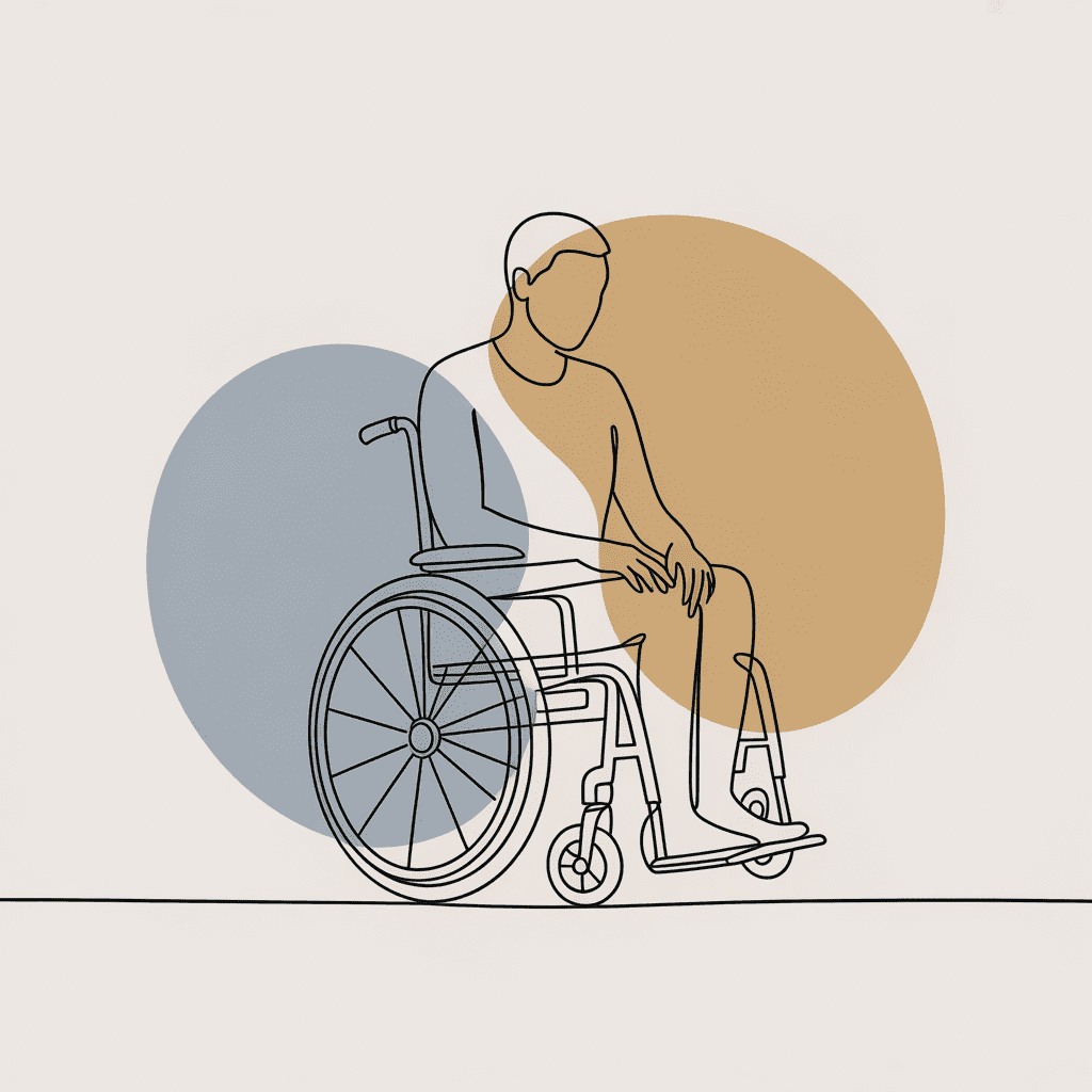 Line drawing of a person in a wheelchair with colorful circles. Invites self-reflection and creative healing with warmth.