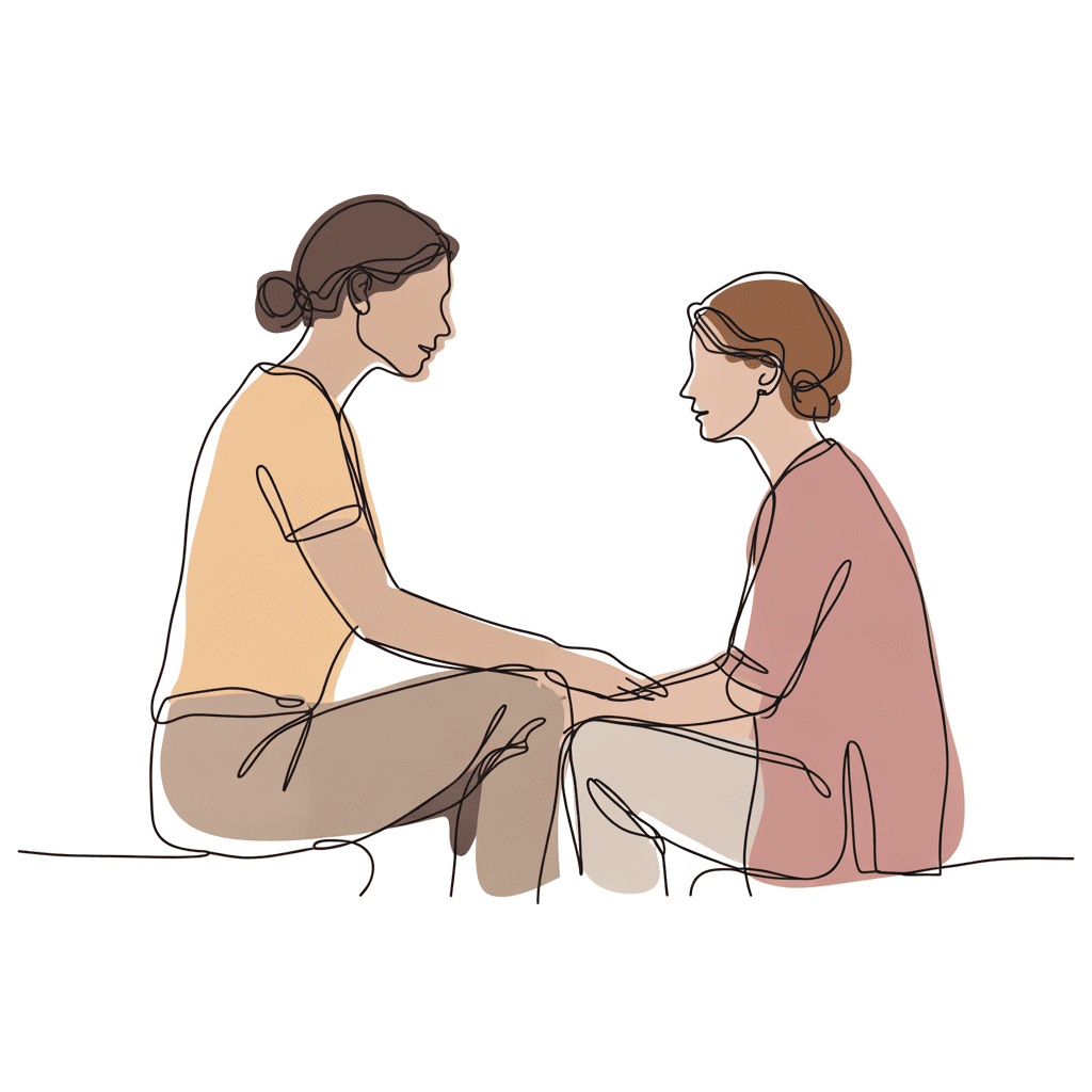 Two people sit facing each other, holding hands, sharing supportive connection and empathy.