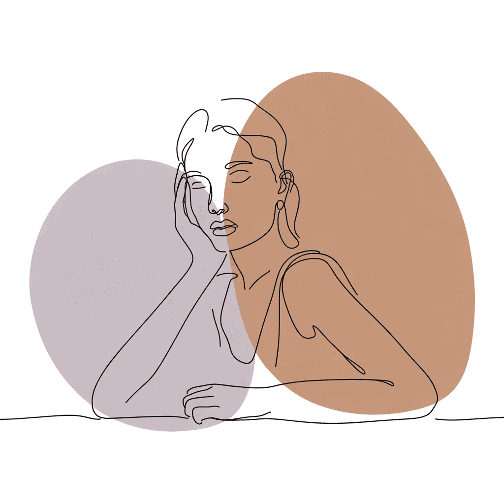 Continuous line art of a contemplative person with warm colors, capturing self-reflection and calm emotional healing.