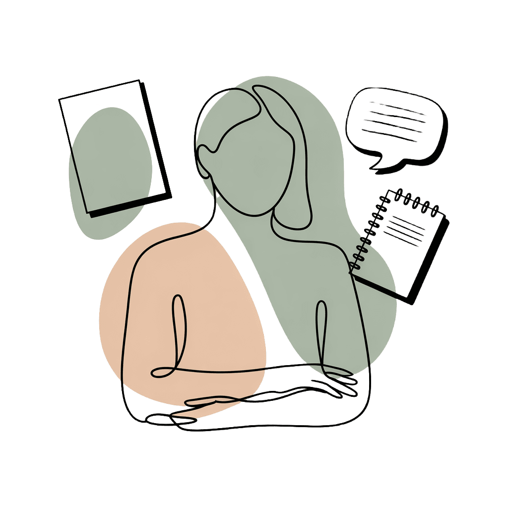Line art of a person with speech bubble and notepad, symbolizing self-reflection and creative healing in therapy.