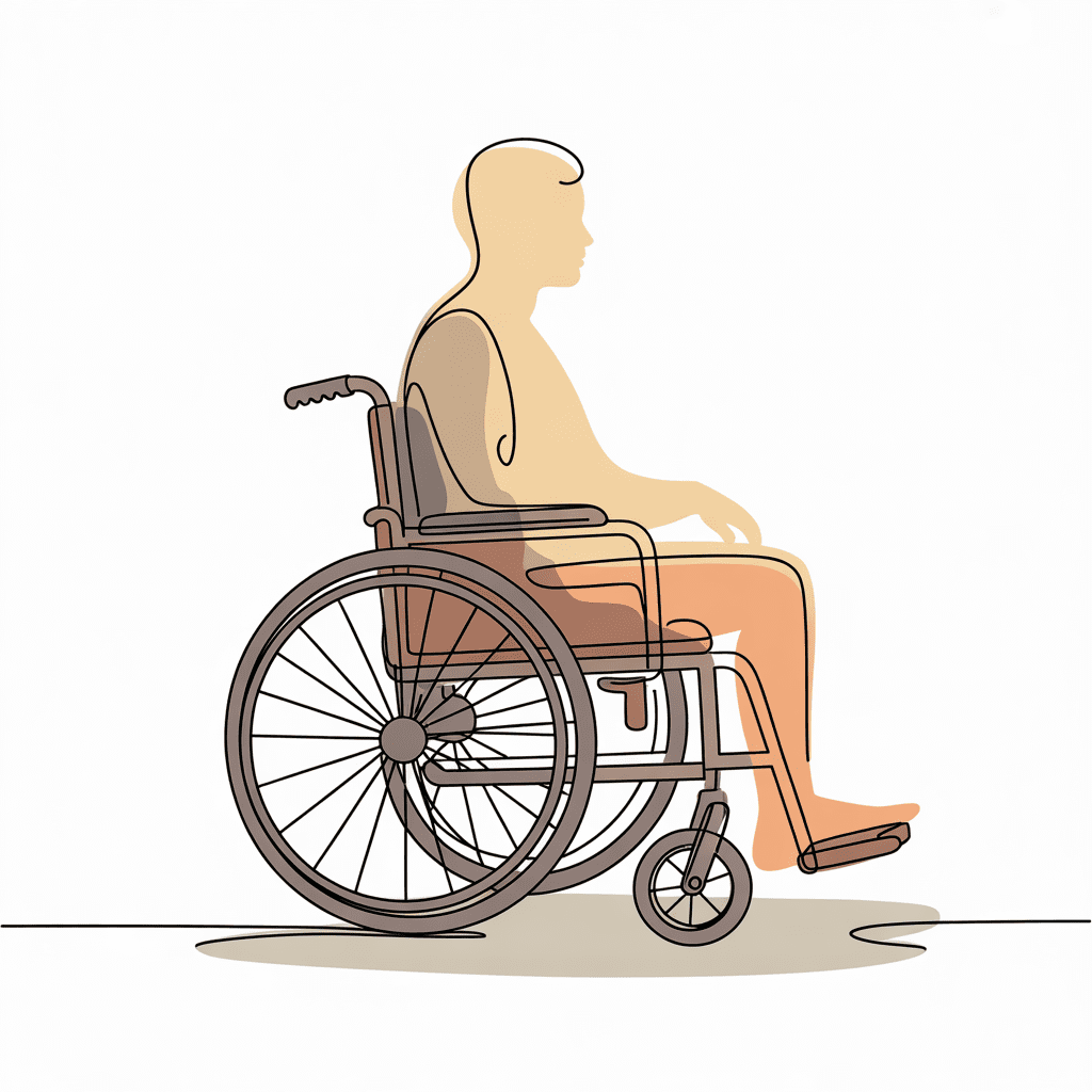 Line art of a person in a wheelchair, blending colors evoke self-reflection and resilience in the journey of healing.