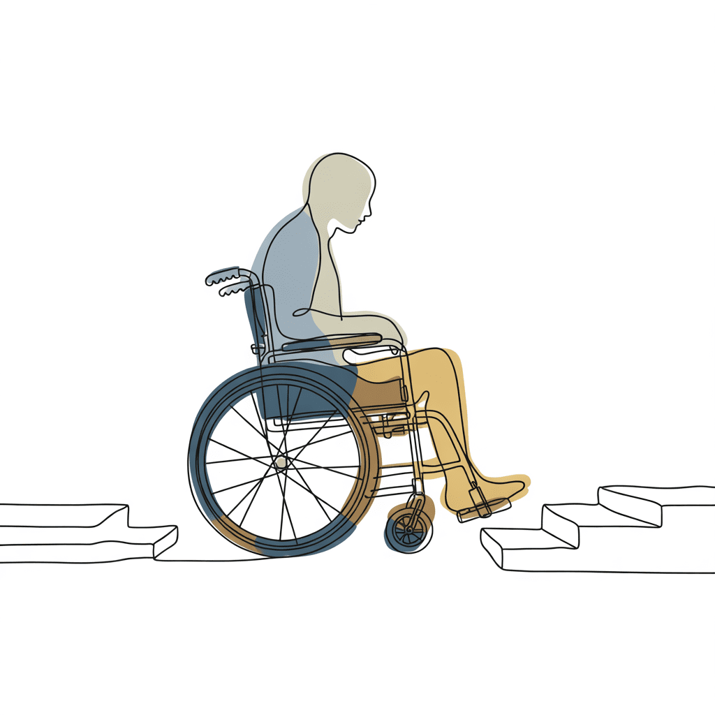 Line-art of a person in a wheelchair facing stairs, reflecting on overcoming emotional and physical challenges.