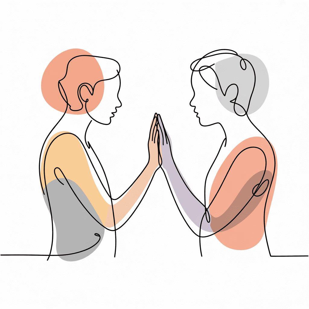 Line art of two people touching hands, symbolizing self-reflection and emotional support. Creative healing vibes!