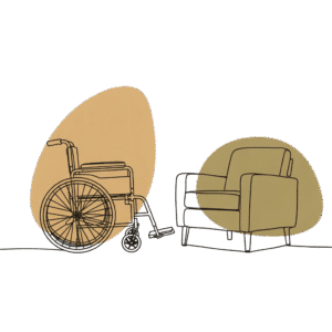 Illustration of a wheelchair and therapy chair symbolizing personal journey, healing, and emotional support in therapy space.