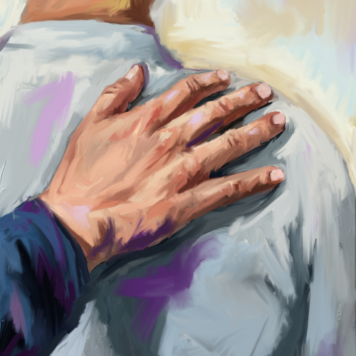 A comforting hand on a shoulder offers emotional support and creative healing, evoking connection and self-awareness.