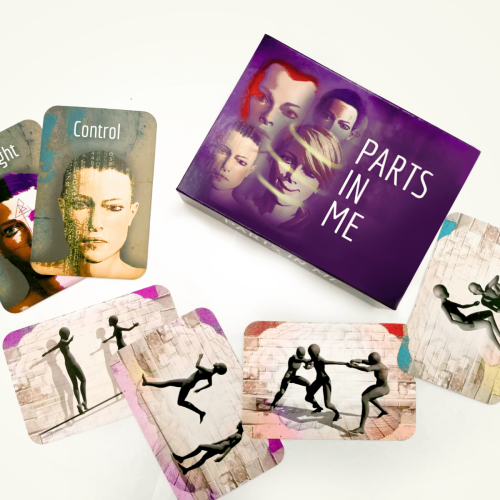 Box of Parts in Me therapy cards. Includes illustrated emotional support cards depicting thought, control, and inner conflicts.